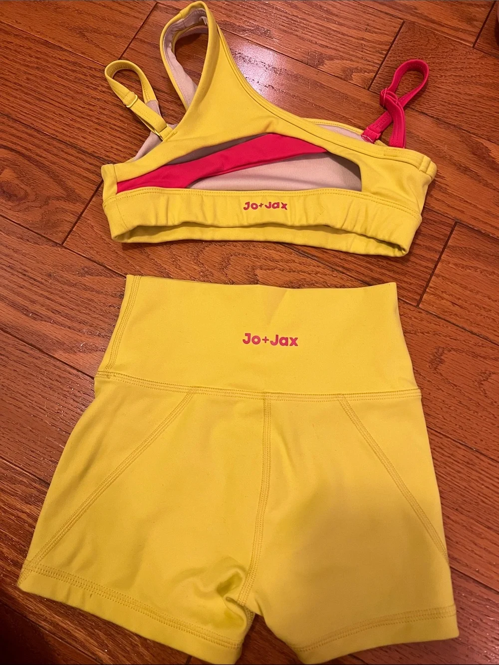 Jo+Jax Yellow High-Rise Dance Shorts Set with Pink Accent